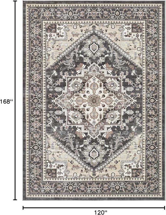 10x14 Vintage Area Rug: Washable Neutral Soft Non Slip Thin Large Floor Carpet for Living Room Bedroom Kitchen Dining Room Home Office Farmhouse Indoor - Black
