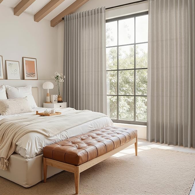 Nanspring Grey Beige Linen Curtains 63 Inch Length ffor Living Room Luxury Light Filtering Semi Sheer Curtain Back Tab Simple Modern Neutral Elegant Boho Gray Drapes for Bedroom 52x63, 2 Panels