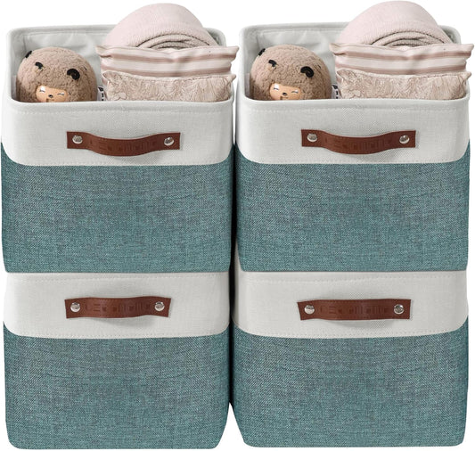 DECOMOMO Storage Bins Fabric Storage Baskets for Shelves, Linen Closet Organization Toys Nursery (Green and White, Large - 4 Pack)