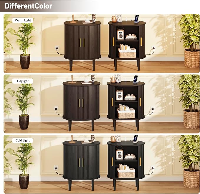 DHH Mid Century Modern Nightstand with Charging Station, Fluted Accent Side Table with Sliding Door & Adjustable Shelf, End Table for Small Space, Living Room, Bedroom,Sofa Couch (1, Black)