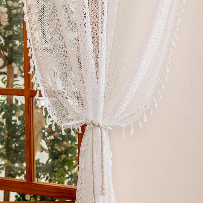 Sutuo Home White Boho Lace Curtains 2 Panels for Kitchen Living Room, Sheer Curtains Crochet Vintage Country Tassels Bohemian Ivory Privacy Window Treatments Rustic Geometry Rod Pocket, 50" x 63"