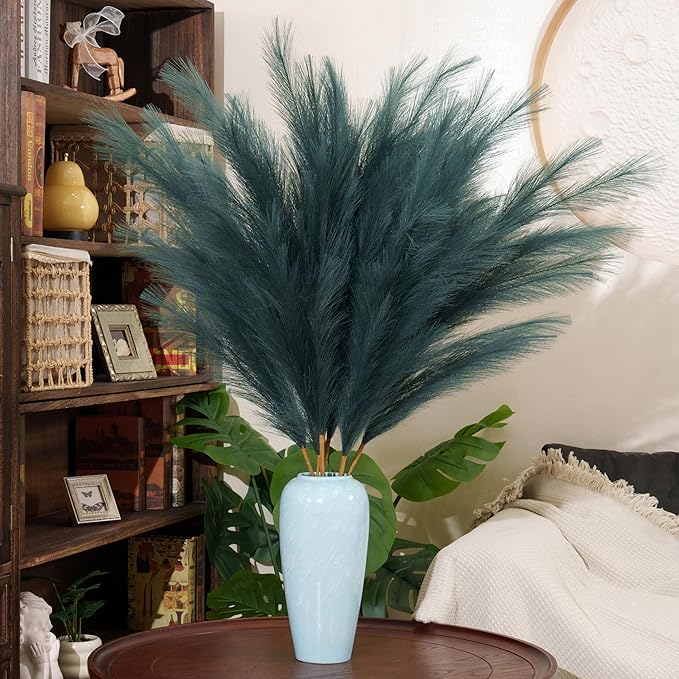 Premium Faux Dark Green Pampas Grass – 43.3" Tall Fluffy Decor, 8pcs 18-Branch One-Piece Stems No Assembly, Luxury Silk-Feel Feather Flowers for Boho Botanical Jungle Home Decor (Forest Green, 110cm)