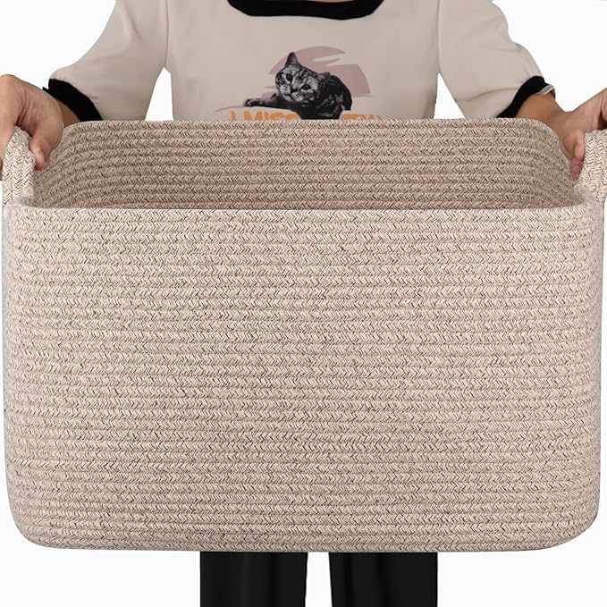 65L Cotton Rope Large Blanket Basket (19.7"x15.7"x11.8") for Living Room, Kids Room & Laundry, Storage Basket with Handle for Organizing Blankets, Pillows, Clothes & Toys, Brown