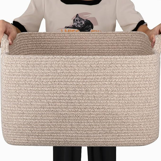 65L Cotton Rope Large Blanket Basket (19.7"x15.7"x11.8") for Living Room, Kids Room & Laundry, Storage Basket with Handle for Organizing Blankets, Pillows, Clothes & Toys, Brown