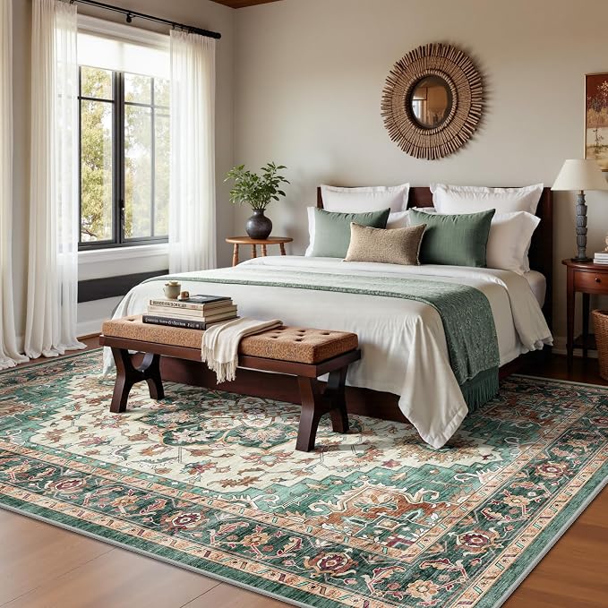 5x7 Area Rugs - Washable Rug Vintage Distress Boho Medallion Rugs for Living Room, Soft Non-Slip Backing Low Pile Carpet for Bedroom Dining Room Office Nursery Dorm Home, Green Brown
