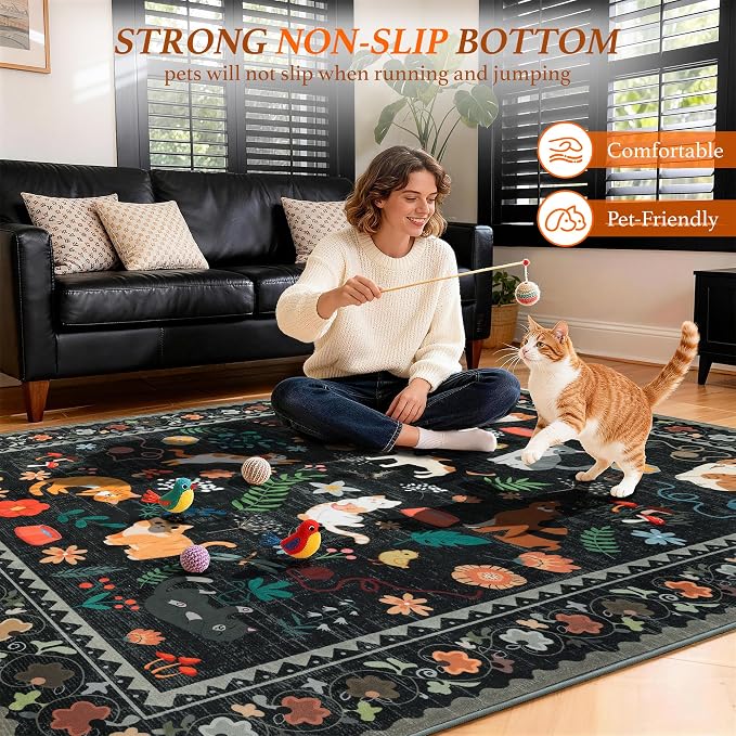 LIANLAM 8x10 Cat Lover's Area Rug, Washable Large Rug with Artistic Feline Design for Living Room & Bedroom, Pet Friendly Non-Slip Soft Carpet, Stain Resistant & Easy Clean(8x10,Black)