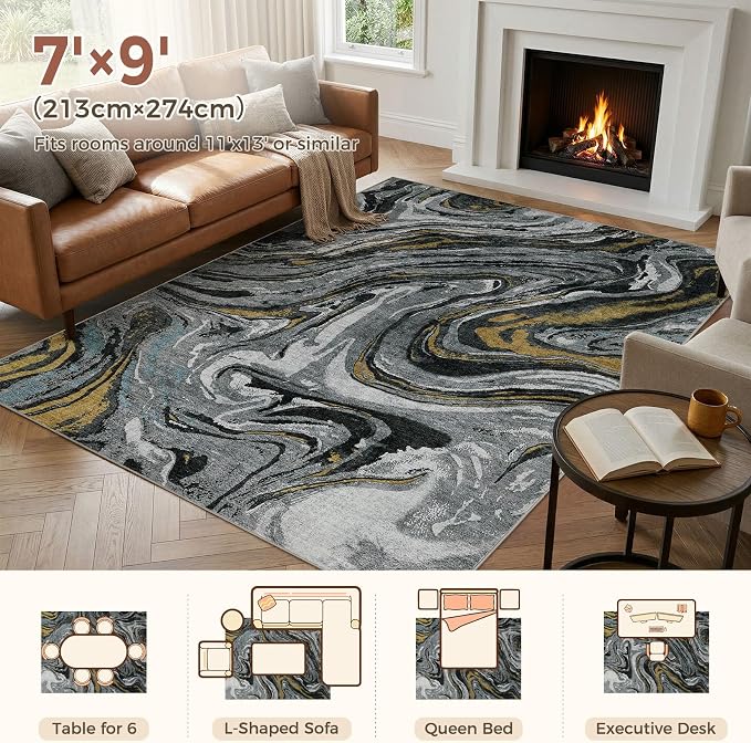 DMOYEST 7x9 Area Rug for Living Room - Washable Neutral Modern Abstract Rugs Soft Non-Slip Carpet Low Pile Indoor Floor Mat for Bedroom & Dining Room Decor for Families with Kids and Pet-Black Golden