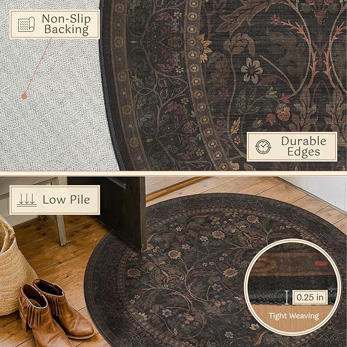 Floral 6ft Round Carpet for Dining Room Under Table, Thin Low Pile Soft Botanical Patern Area Rug for Bedroom, Living Room, Traditional Home Décor Non Skid (Black and Brown)