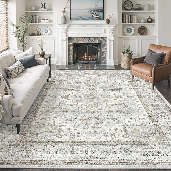 Washable 7x9 Area Rug for Living Room,Vintage Floral Large Rugs with Non Slip Backing Stain Resistant Carpet for Bedroom Indoor Soft Carpets Home Decor,Blue