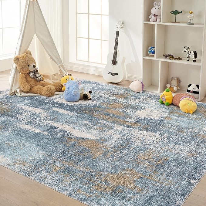 DMOYEST Area Rug Living Room Rugs - 5x7 Washable Soft Indoor Neutral Modern Abstract Low Pile Rug Carpet for Bedroom Dining Room Farmhouse Home Office - Blue Brown