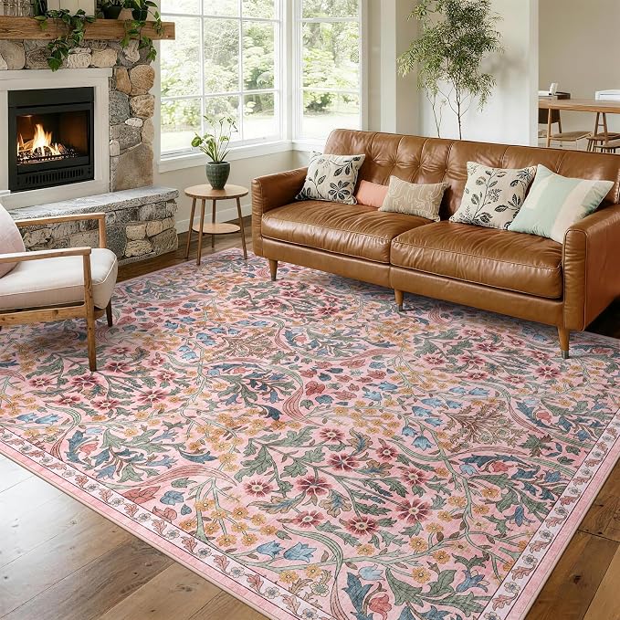 8x10 Washable Area Rug for Living Room, Floral Non-Slip Non-Shedding & Easy Care, Large Soft Low Pile Botanical Indoor Floor Carpet for Living Room, Bedroom, Dining Room, Kids Playroom, Nursery, Pink