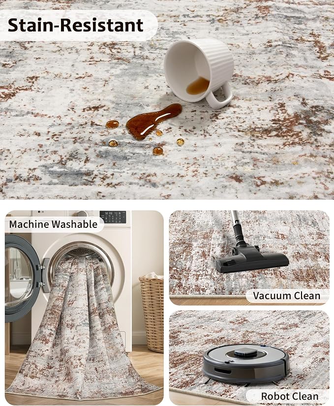 Art&Tuft 6x9 Area Rugs, Anti-Slip Backing Abstract Area Rug 6x9, Stain Resistant 6x9 Rugs for Living Room, Foldable Machine Washable Area Rug(6'x9', Rust)