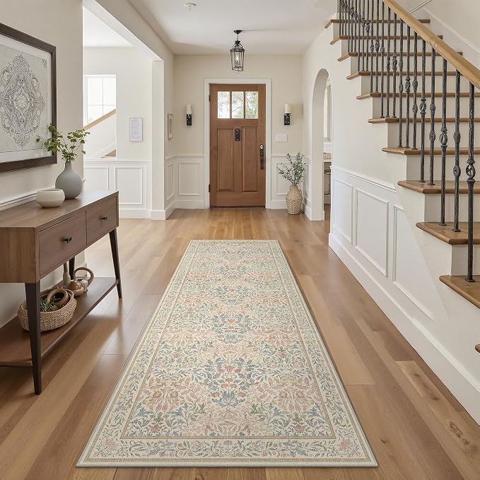 GENIMO 2x8 Washable Runner Rug, Non Slip Hallway Mat, Beige Pink | Vintage Boho Floral Low Pile Thin Mat for Entryway, Kitchen, Bedroom, Indoor Decor