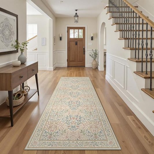GENIMO 2x8 Washable Runner Rug, Non Slip Hallway Mat, Beige Pink | Vintage Boho Floral Low Pile Thin Mat for Entryway, Kitchen, Bedroom, Indoor Decor