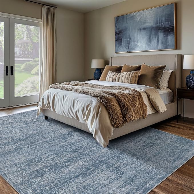 DMOYEST Area Rug Living Room Rugs - 9x12 Abstract Large Soft Indoor Washable Rug Neutral Modern Low Pile Carpet for Bedroom Dining Room Farmhouse Home Office - Dark Blue