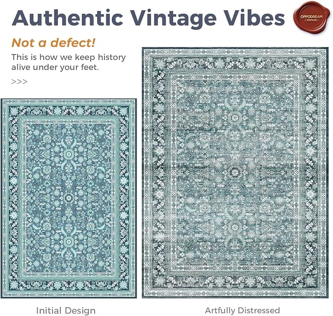 OPPODREAM Vintage Teal Round Rug 5ft, 5 ft Retro Washable Circle Rug Non Slip, Low-Pile Faux Wool Circular Carpet, Distressed Floor Mat for Living Room, Bedroom, Office, Dorm, Dinning Room