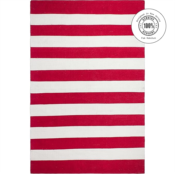 Fab Habitat Machine Washable Area Rug - Hand Woven, Stain Resistant, Pet Friendly - Premium Recycled Polyester Yarn - Stripes - Bedroom, Living/Dining Room - Nantucket - Red & White - 5 x 8 ft