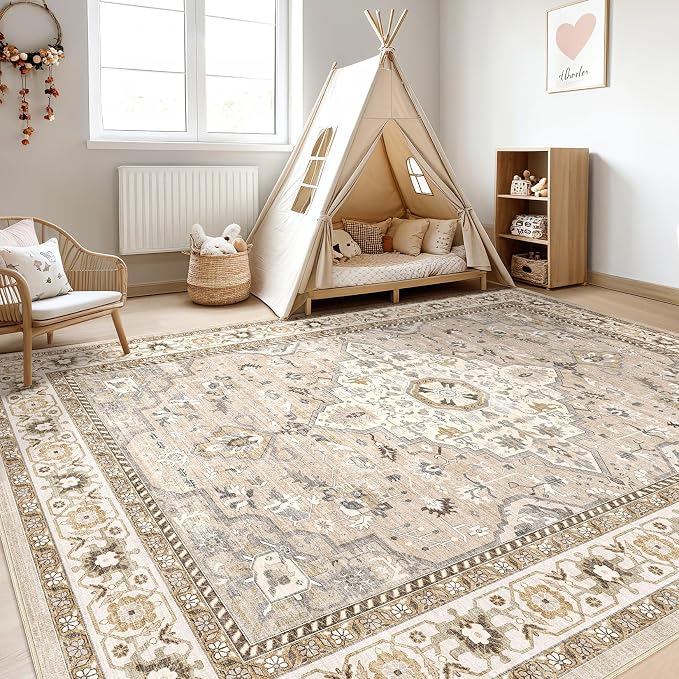 7x10 Area Rug Living Room: Washable Boho Large Neutral Vintage Soft Rug Stain Resistant Farmhouse Non-Slip Indoor Floor Carpet for Bedroom Nursery Kids Playroom Office Dining Room- Beige Grey