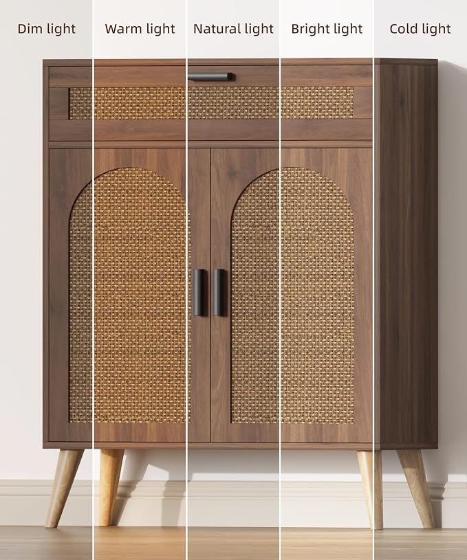 Keehusux Rattan Storage Cabinet with Drawer and 2 Doors, Accent Sideboard Buffet Cabinet with Adjustable Shelf, Solid Wood Feet, Coffee Bar for Kitchen, Living Room, Entryway, Walnut
