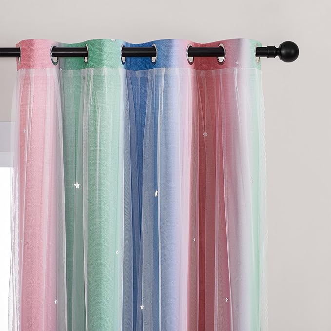 XiDi Pink & Rainbow Curtains for Kids & Girl Bedrooms - Blackout, Blue & Green 34x63 Inch Long with Unicorn Wall Decals