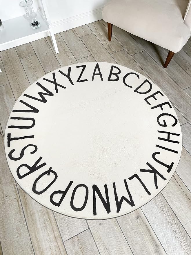 Topotdor Round ABC Area Rug,63 Inch Soft Floor Carpet,White | Washable Alphabet Circle Rug,Non Slip Floor Mat Ideal for Bedrooms,Kids Rooms,Classrooms