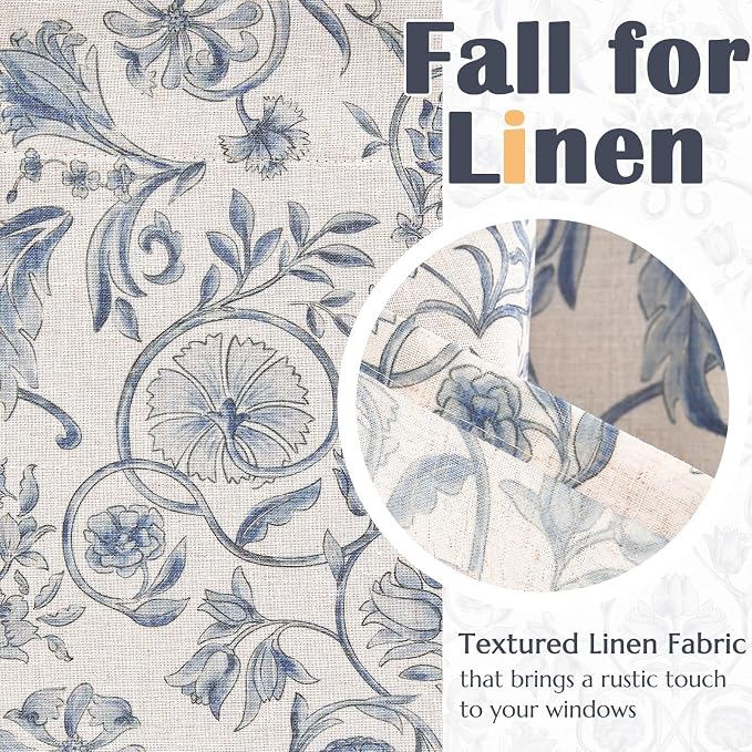 jinchan Linen Valance Kitchen Curtain Pack of 2 Double Layer 16 Inch for Living Room Bedroom Window Treatment Light Filtering Vintage Farmhouse Cottagecore Rod Pocket 2 Panels Blue on Beige