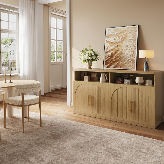 Fluted Buffet Cabinet with Storage, 63" Wide Wood Sideboard Credenza with 4 Doors & Open Storage Shelf, Modern Kitchen Entryway Accent Table for Dining Room Living Room, Kitchen, Hallway, Oak