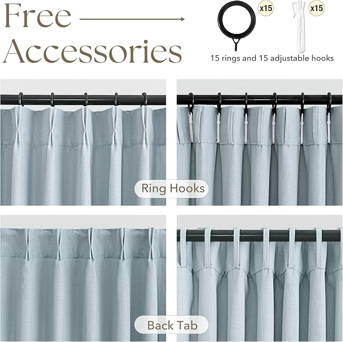 Greyish Blue Pinch Pleated Linen Curtains 63 Inch Length 2 Panels for Living Room Bedroom Textured Semi Sheer Drapes Pinch Pleat Rings Window Curtain 40x63