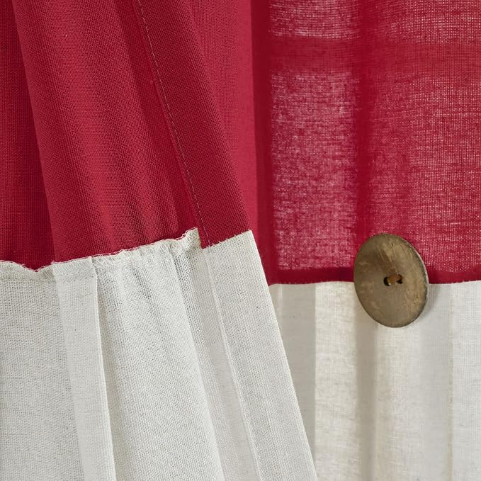 Lush Decor Linen Button Window Curtain Panel, Single, 40" W x 84" L, Red & Off White - Country Curtains - Rustic Decor - Color Block Modern Farmhouse Curtains For Living Room, Bedroom & Dining Room