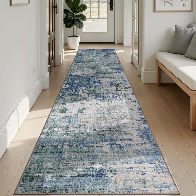 Sasttie 2x12 Soft Runner Rug for Entryway, Modern Abstract Washable Carpet for Hallway, Kitchen and Laundry Room, with Non-Slip Backing, Blue and Green