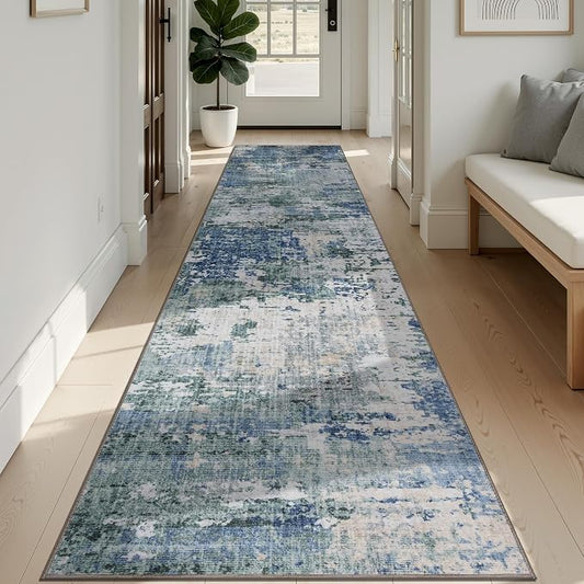 Sasttie 2x12 Soft Runner Rug for Entryway, Modern Abstract Washable Carpet for Hallway, Kitchen and Laundry Room, with Non-Slip Backing, Blue and Green