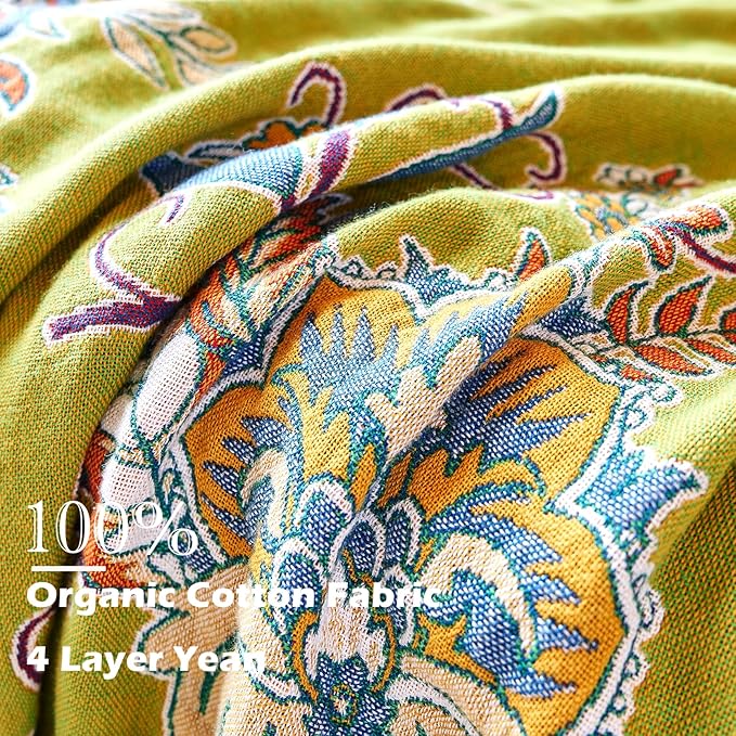 VANJOROY Boho Throw Blanket 50" x 60", 100% Organic Cotton Breathable Ultra Soft Bed Quilt Throw - All Season Luxury Floral Farmhouse Decor Blanket for Sofa Couch Chair and Gift. Green/Blue