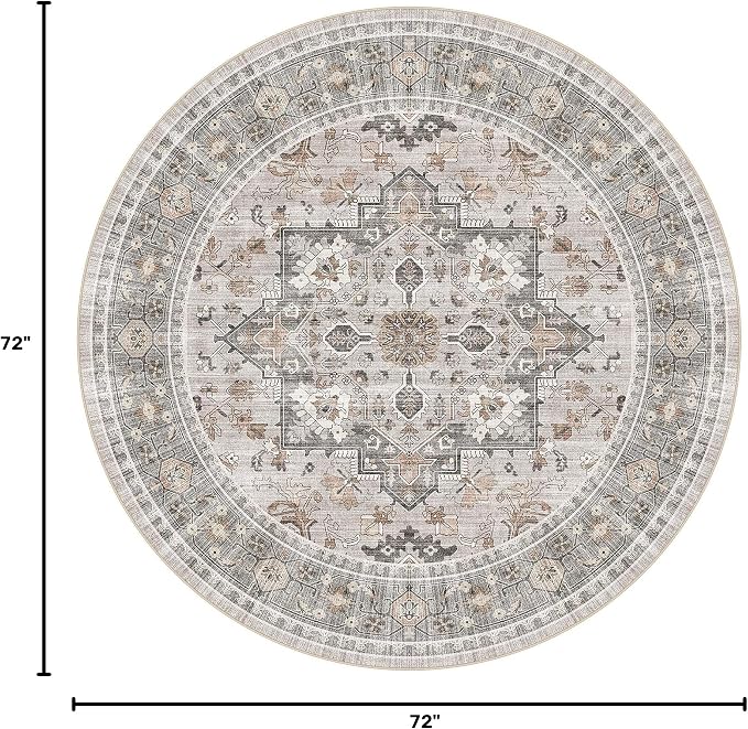 6ft Round Area Rug: Washable Vintage Neutral Soft Non Slip Thin Large Floor Carpet for Living Room Bedroom Kitchen Dining Room Home Office Farmhouse Indoor - Taupe