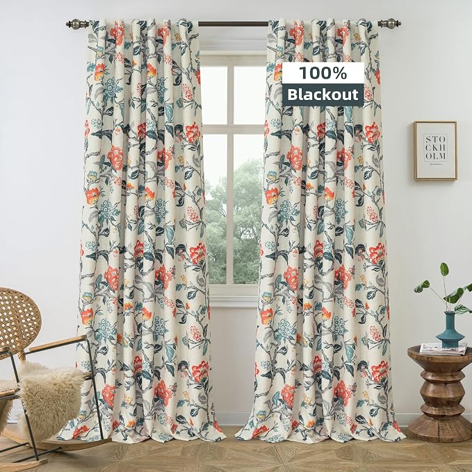 DriftAway Ada Floral Botanical Print Flower Leaf Lined Thermal Insulated Room Darkening Blackout Window Curtains 2 Layers Set of 2 Panels Each 52 Inch by 84 Inch Orange Teal Beige Linen