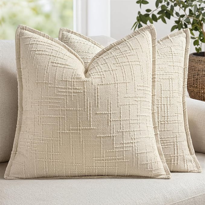 MIULEE Slubby Textured Decorative Throw Pillow Covers 18x18 Inch Set of 2 Boho Farmhouse Soft Cozy Chenille Pillows Cushion Cases Modern Neutral Home Decor for Couch Sofa Bed Living Room, Beige