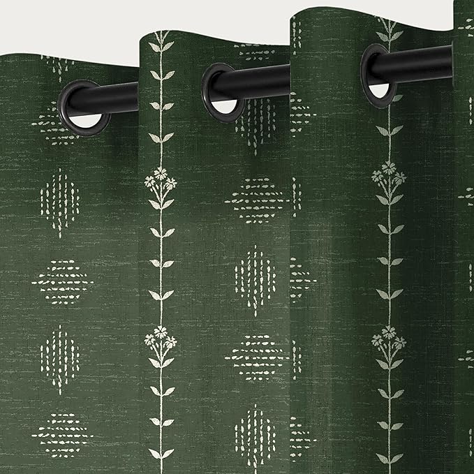 Olive Green Boho Linen Curtains for Living Room, Semi Sheer Floral Botanical Patterned Earthy Drapes for Bedroom 84 Inches Long Moss