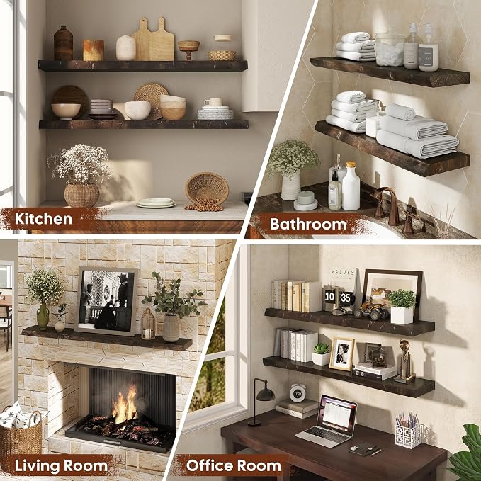 48" Rustic Elm Floating Shelves - Solid Wood Live Edge with Invisible Brackets, Wall Mounted Shelf for Living Room, Kitchen & Bathroom Decor, Brown