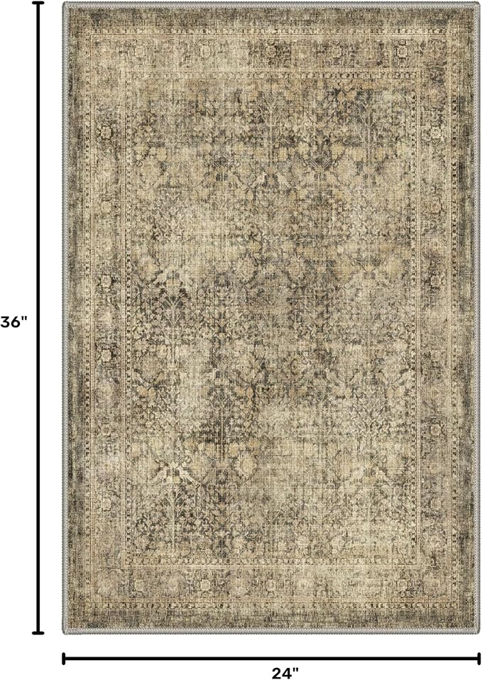 Bavni 2x3 Doormat, Machine Washable Runner Rug Non Slip, Vintage Floral Print Style Rugs for Entrance-Lightweight Low Pile Carpet for Hallways Kitchen and Corridor, Brown