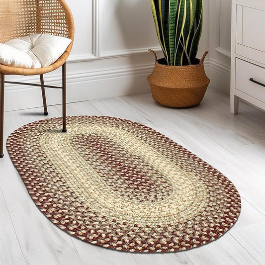 Super Area Rugs Braided Rugs 2X3 Farmhouse Kitchen Rug - Ridgewood Braided Rug for Living Room - Reversible - Indoor/Outdoor - Made in USA - Burgundy/Beige, 2' X 3' Oval