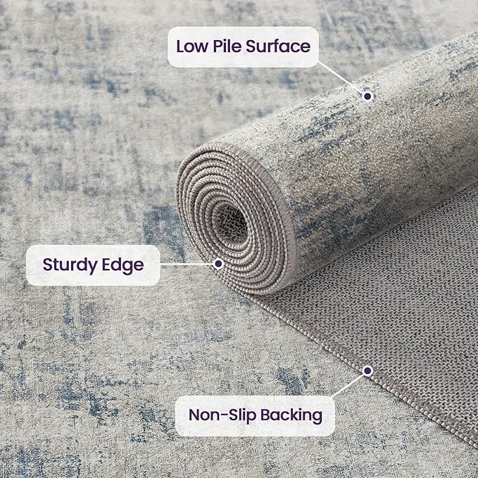 DEXI Washable Area Rug for Living Room 5x8, Modern Abstract Soft Indoor Large Rugs, Stain Resistant Low Pile Carpet with Non Slip Backing for Dining Bedroom Office, Blue
