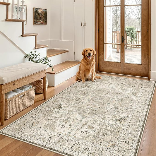 Madane Area Rug 3x5, Washable Vintage Entry Rugs for Bedroom, Ivory/Brown | Vintage Entryway Bedroom Non Slip Door Mat Indoor Entrance, Kitchen Runner Living Room Laundry Playroom Soft Floor Carpets