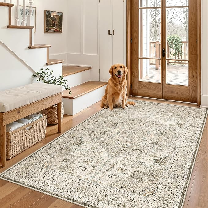Madane Area Rug 4x6 Washable Rugs Vintage for Living Room, Ivory/Brown | Ultra-Thin Stain Resistant Vintage Large 4'X6' Carpet, Low-Pile Floor Mat For Bedroom Dining Room Office Home Decor