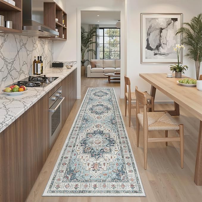 Madane Runner Rug 2x8, Washable Hallway Runner Rugs, Non-Slip Low-Pile Soft Kitchen Rug Runner Laundry Room Rug, Vintage Throw Entry Foyer Mat for Entrance Living Room (Blue, 2 x 8)