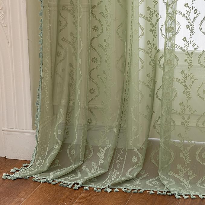 WAZZIO Boho Lace Curtains 2 Panels 63 Inch -Vintage Victorian Sheer Panel Drape French Country Floral Pattern & Tassel Light Filtering Privacy for Bedroom Dining Living Room,Light Sage Green,W52x L63