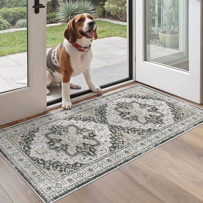 Madane Washable Area Rug 2x4, Small Entryway Rugs Non-Slip, Black | Vintage Printed Door Mat Indoor Entrance, Low-Pile Floor Carpet Runner for Inside Front Bedroom Kitchen Entry Laundry, Stair