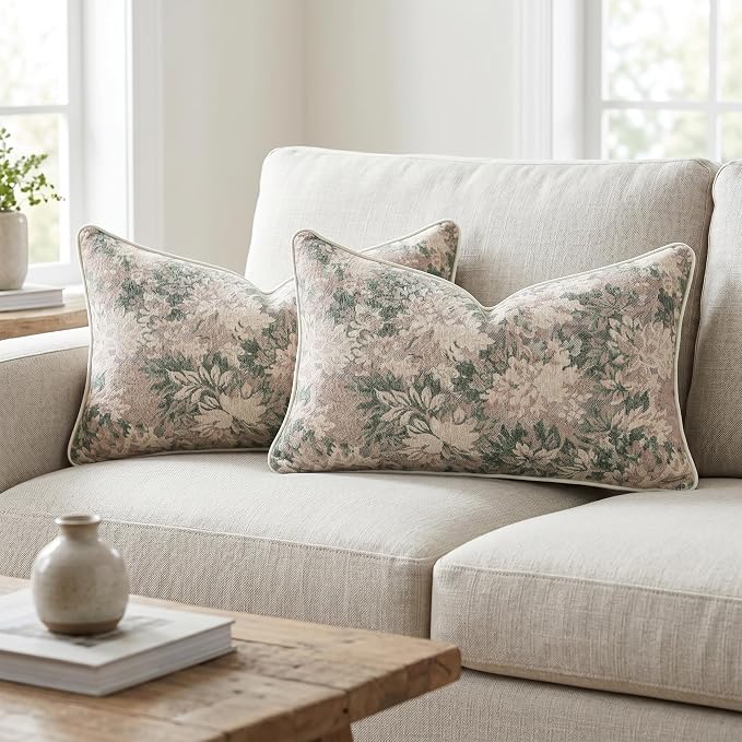 Vintage Floral Throw Pillow Covers 12x20 Inches Set of 2 Lumbar Boho Pillow Cases Premium Chenille Textured Decorative Cushion Covers for Couch Retro Garden Farmhouse Style Grass Green
