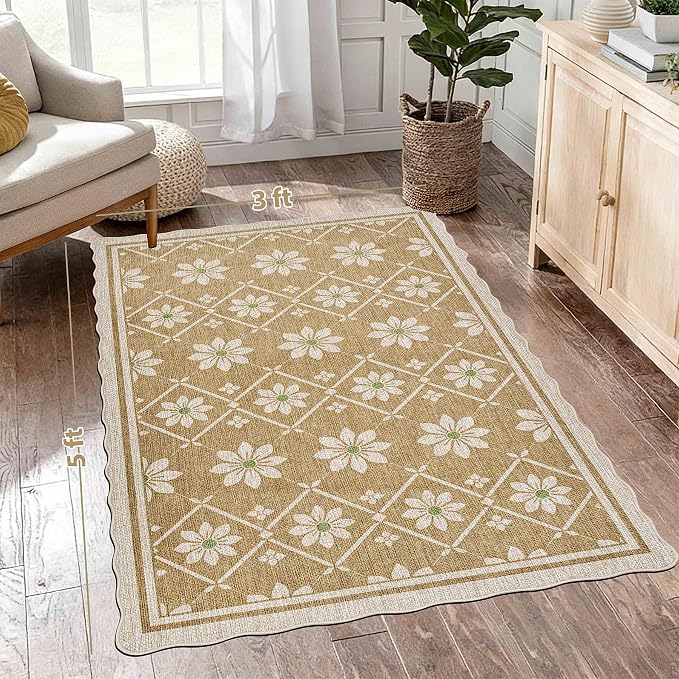 ORTIGIA Scalloped Easy Jute 3x5 Area Rug Boho Vintage Brown Floral Farmhouse Washable Rug Non-Slip Indoor Outdoor Carpet for Living Room Bedroom Kitchen Patio Entryway
