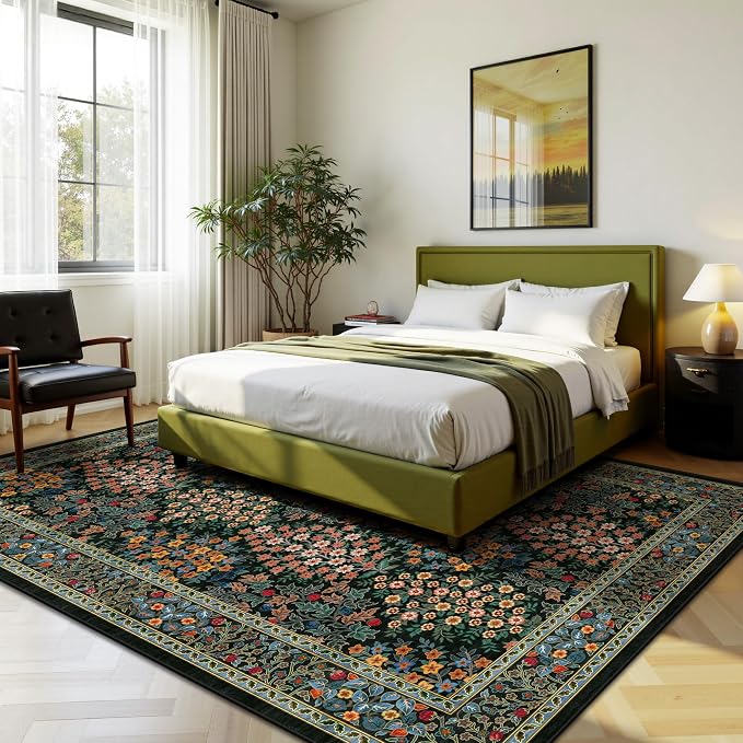 6x9 Area Rugs, Washable Floral Area Rugs for Living Room, Indoor Area Rug for Bedroom, Dining Room, Low Pile Non-Slip Non Shedding Rug(Black Floral)