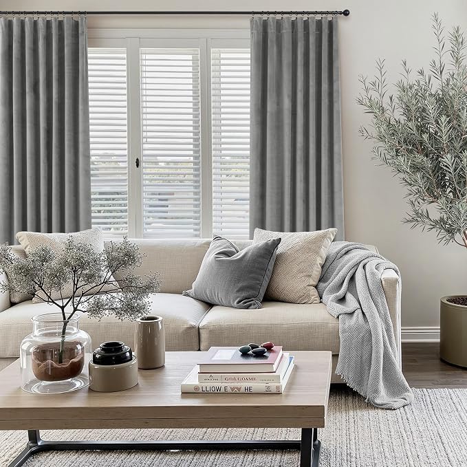 Grey Velvet Curtains 108 Inches Long 2 Panels Luxury Crush Velvet Blackout Drape Gray Back Tab Design Thermal Insulated Soundproof Noise Reducing Window Covering for Living Room French Door W52 x L108