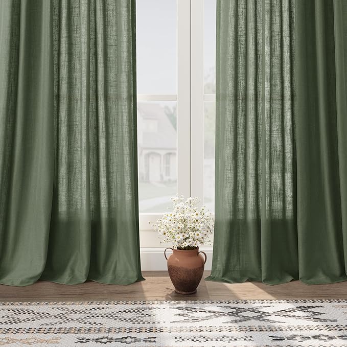 Nanspring 70 Inches Wide Olive Green Linen Curtains for Living Room 2 Panels Set 90 Inch Length Back Tab Light Filtering and Breathability Semi Sheer Curtain for Bedroom 70x90